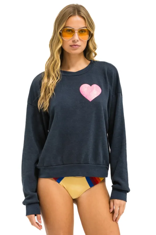 MEMBER EXCLUSIVE: GLITTER HEART RELAXED CREW SWEATSHIRT - CHARCOAL // NEON PINK sold by Aviator Nation