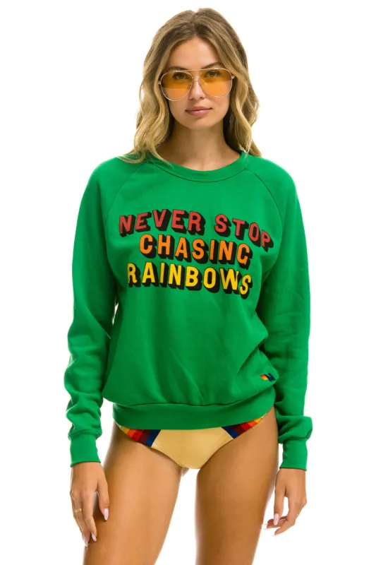MEMBER EXCLUSIVE: NEVER STOP CHASING RAINBOWS CREW SWEATSHIRT - KELLY GREEN (Copy) sold by Aviator Nation