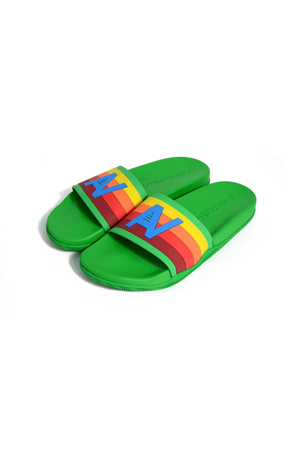MEMBER EXCLUSIVE LOGO RAINBOW 4 STRIPE SLIDES - KELLY GREEN sold by Aviator Nation