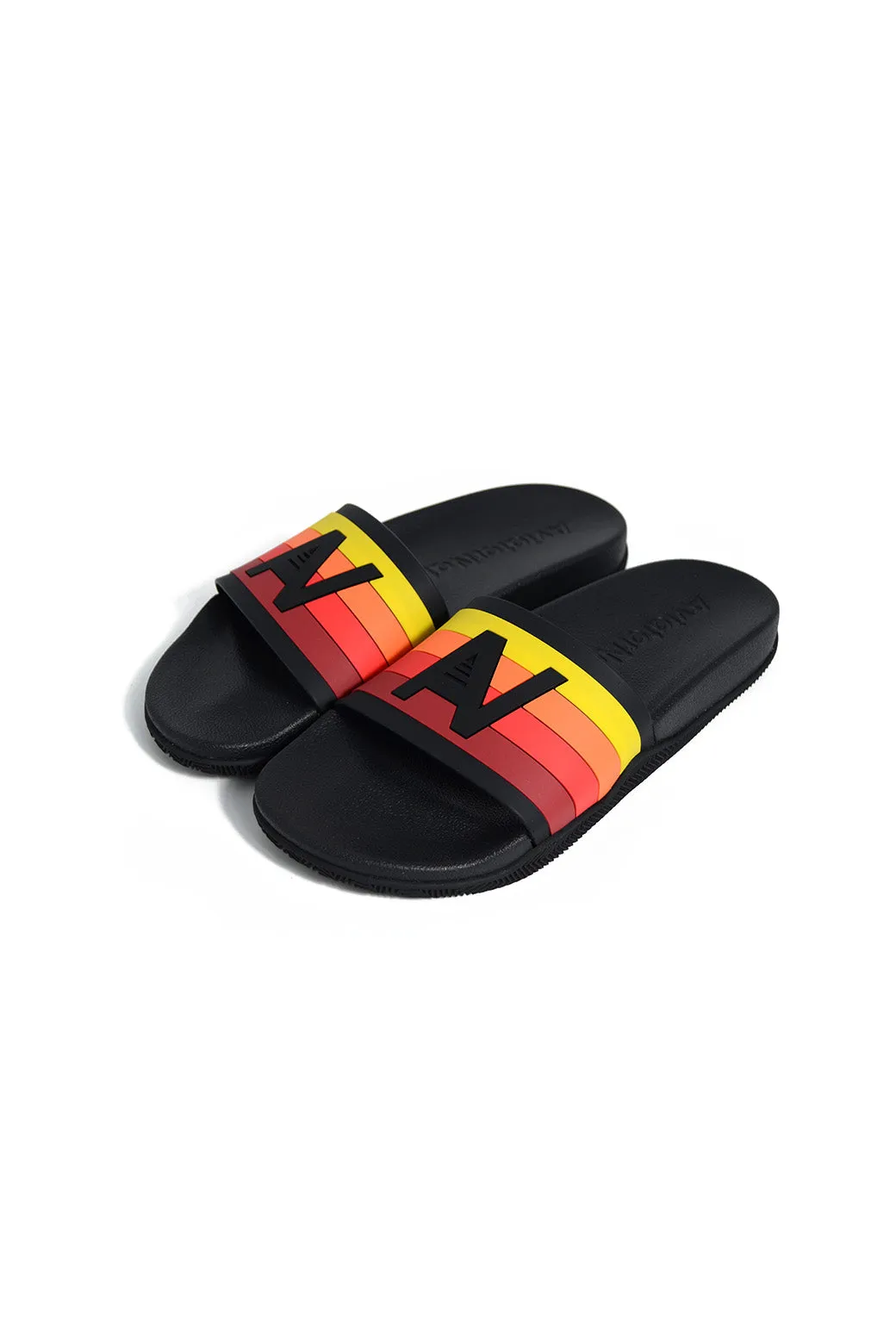 AVIATOR NATION LOGO RAINBOW 4 STRIPE SLIDES - BLACK sold by Aviator Nation