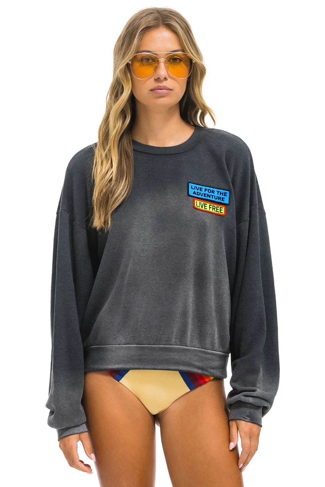 LIVE FREE + ADVENTURE PATCH RELAXED CREW SWEATSHIRT - FADED SMOKE sold by Aviator Nation