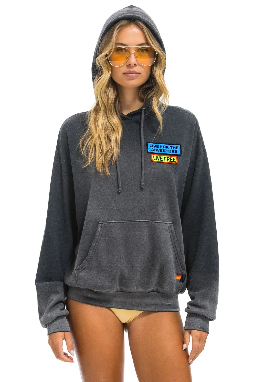 LIVE FREE + ADVENTURE PATCH PULLOVER RELAXED HOODIE - FADED SMOKE sold by Aviator Nation