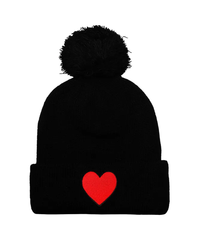 HEART POM POM RIB BEANIE - BLACK sold by Aviator Nation