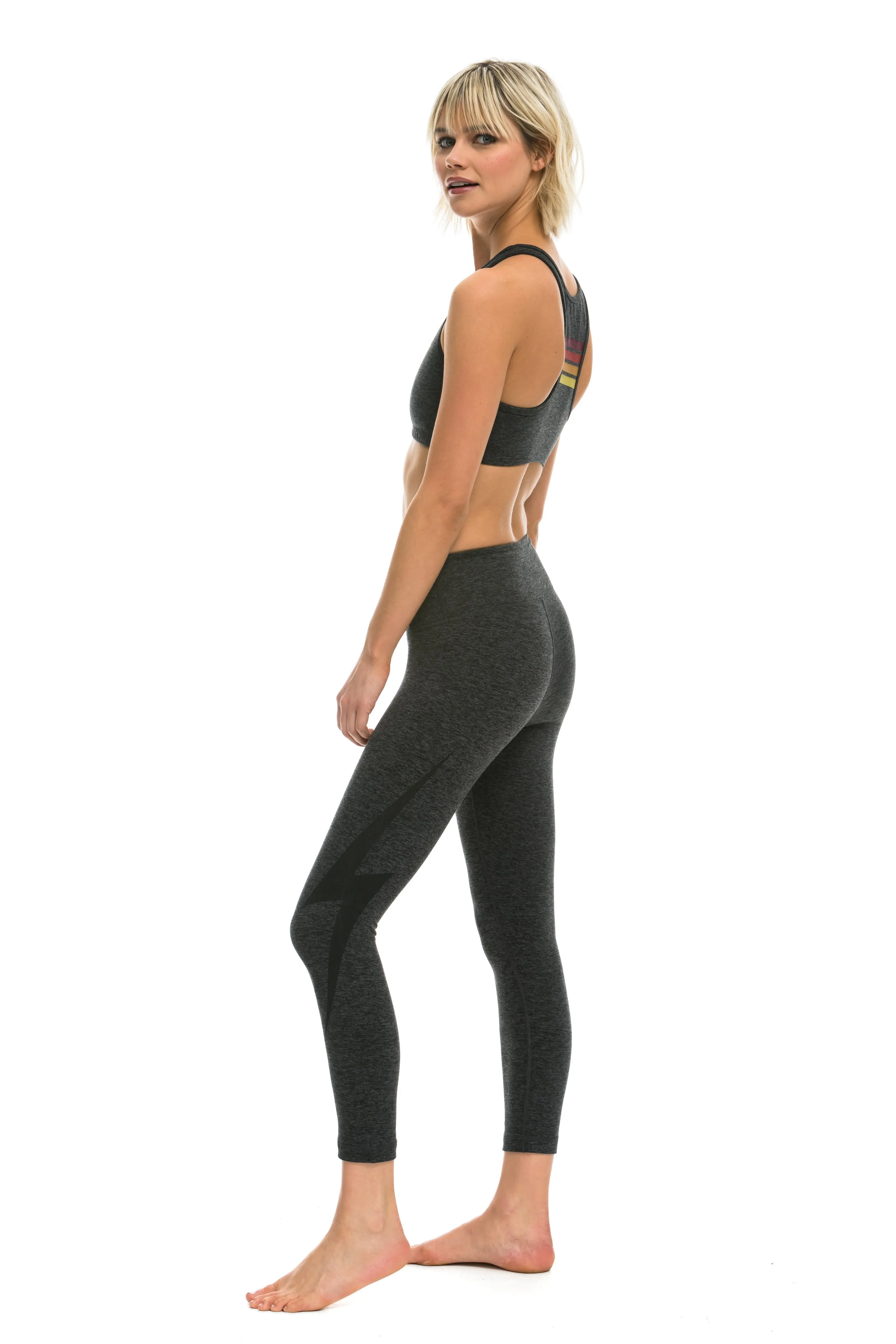 BOLT CROP LEGGINGS - CHARCOAL sold by Aviator Nation