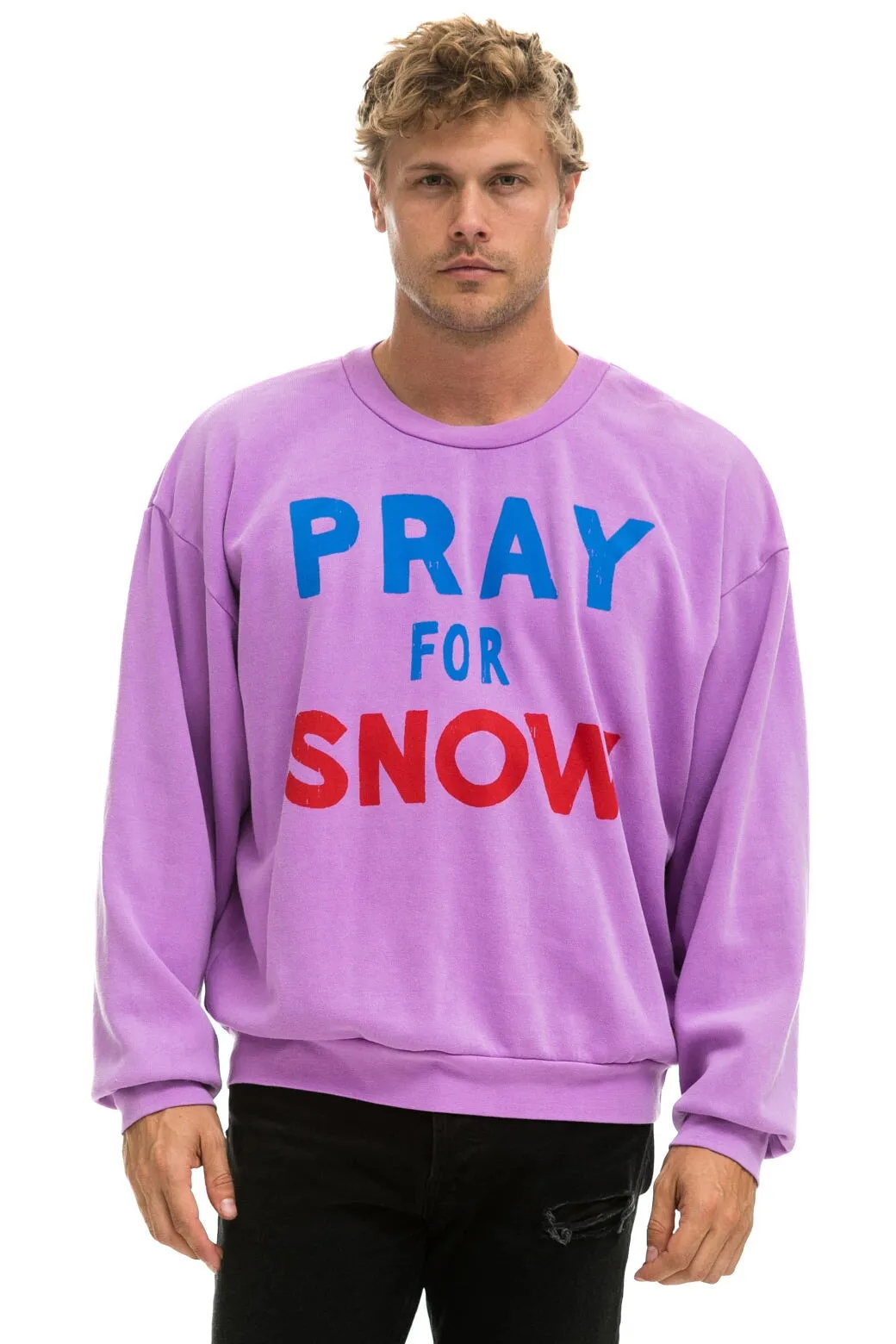PRAY FOR SNOW RELAXED CREW SWEATSHIRT - NEON PURPLE sold by Aviator Nation product image thumbnail 2
