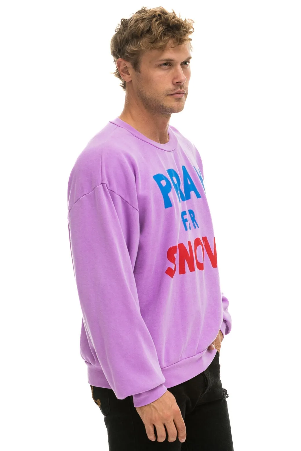 PRAY FOR SNOW RELAXED CREW SWEATSHIRT - NEON PURPLE sold by Aviator Nation product image thumbnail 4