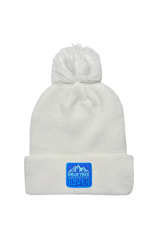 PALM TREE FESTIVAL ASPEN 2025 POM POM RIB BEANIE - WHITE sold by Aviator Nation