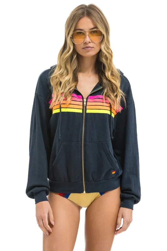 5 STRIPE RELAXED ZIP HOODIE - CHARCOAL // NEON sold by Aviator Nation