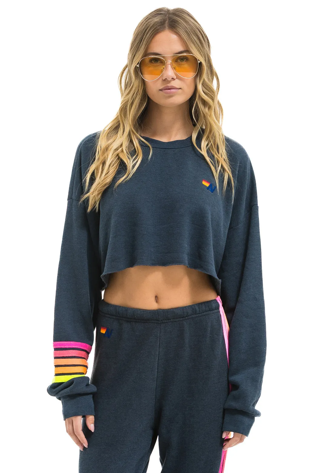 RUGBY STITCH CROPPED CREW SWEATSHIRT RELAXED - CHARCOAL // NEON sold by Aviator Nation