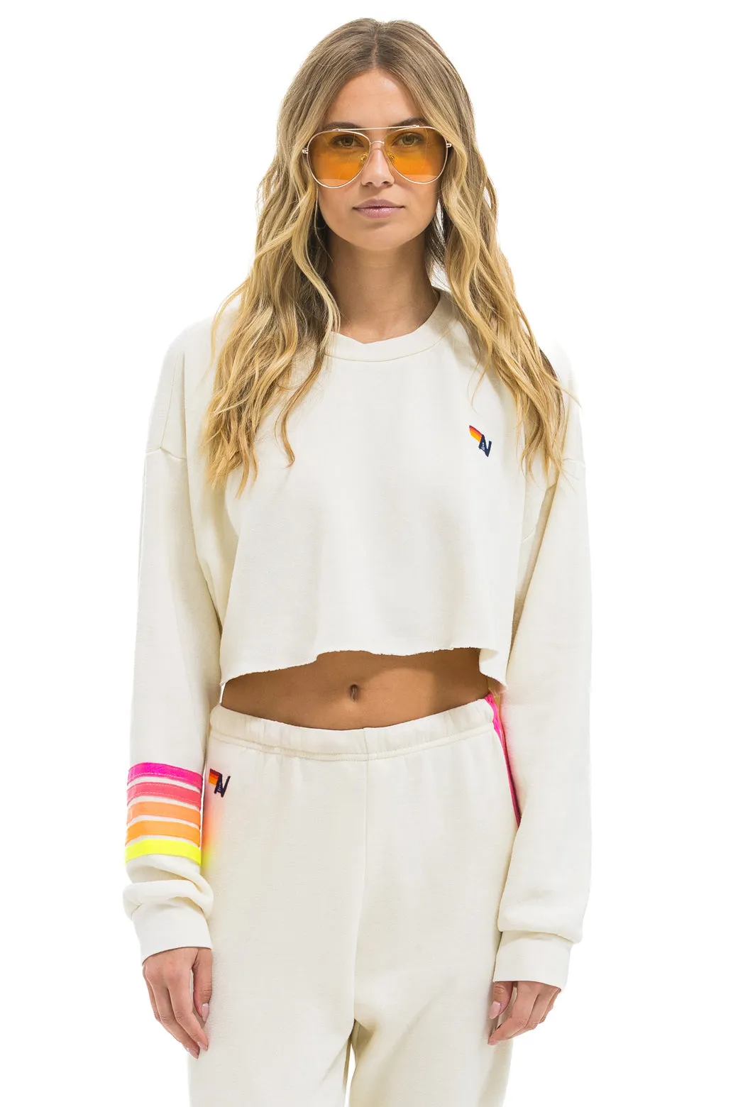 RUGBY STITCH CROPPED CREW SWEATSHIRT RELAXED - VINTAGE WHITE // NEON sold by Aviator Nation