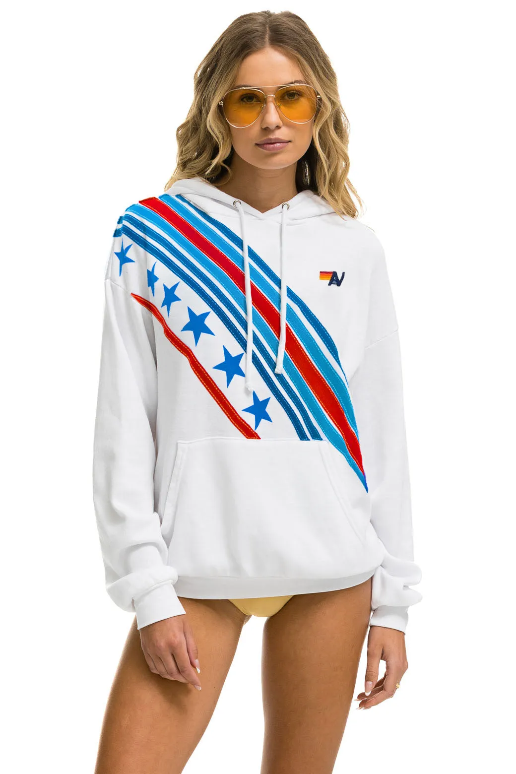 CROSS STRIPE STARS RELAXED PULLOVER HOODIE - WHITE // USA sold by Aviator Nation