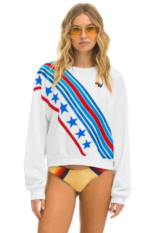 CROSS STRIPE STARS RELAXED CREW SWEATSHIRT - WHITE // USA sold by Aviator Nation