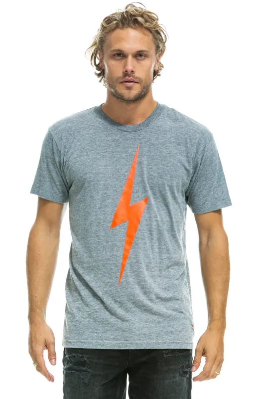 BOLT CREW TEE - HEATHER GREY // NEON RED sold by Aviator Nation