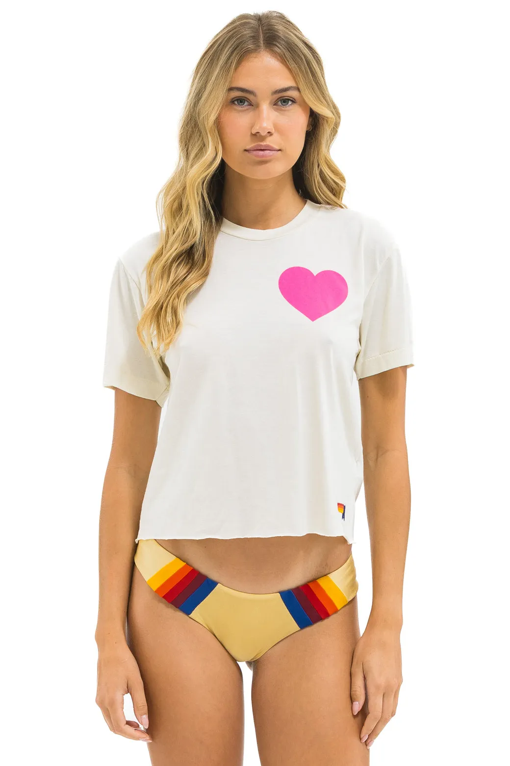 HEART PRINT BOYFRIEND TEE - VINTAGE WHITE // NEON PINK sold by Aviator Nation