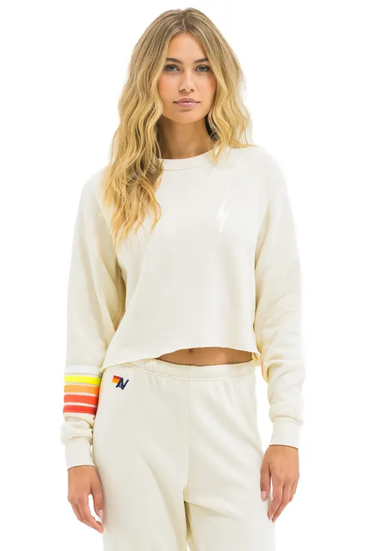 BOLT RUGBY STITCH CROPPED CREW SWEATSHIRT - VINTAGE WHITE // WHITE NEON sold by Aviator Nation