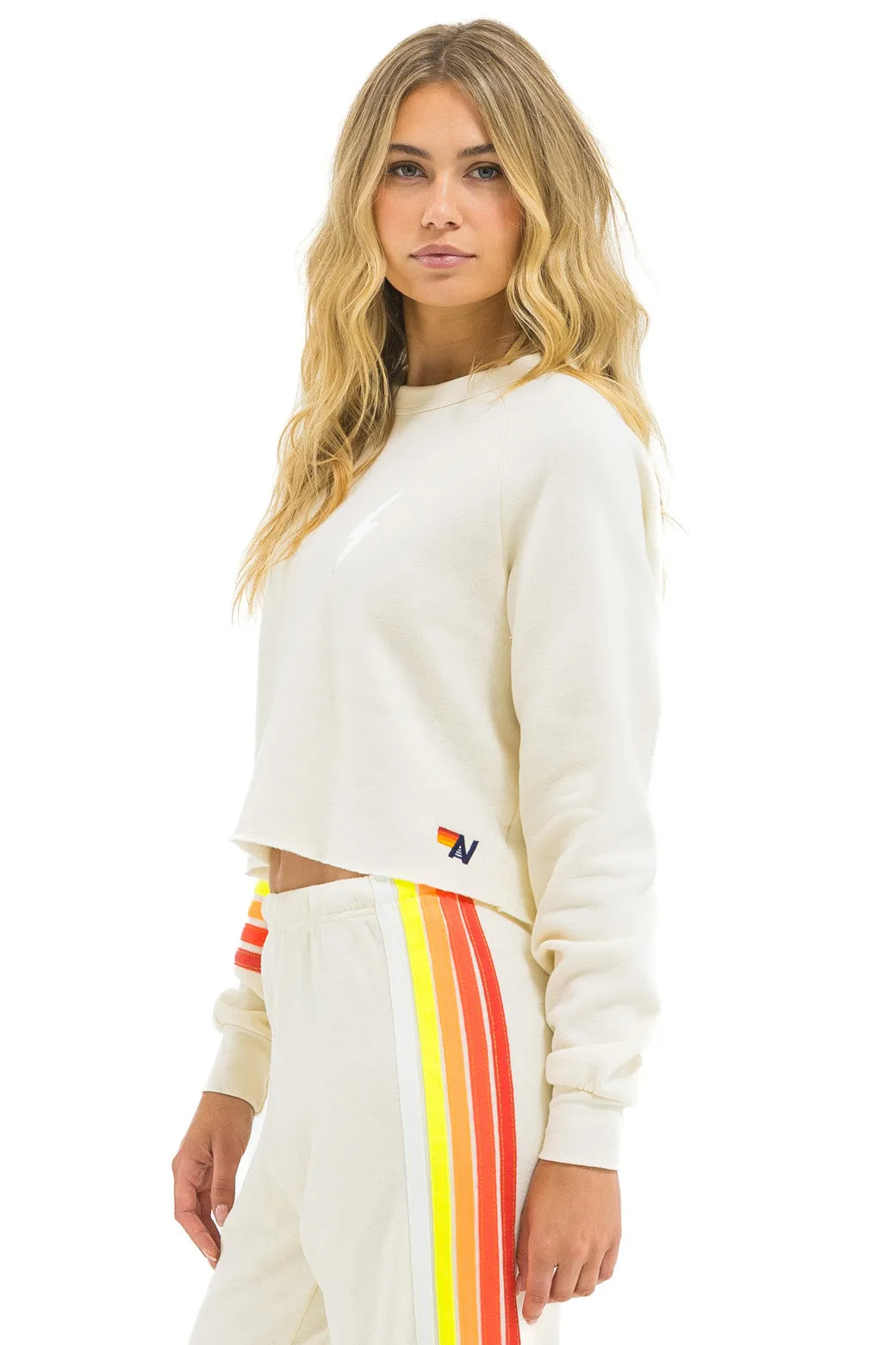 BOLT RUGBY STITCH CROPPED CREW SWEATSHIRT - VINTAGE WHITE // WHITE NEON sold by Aviator Nation product image thumbnail 4
