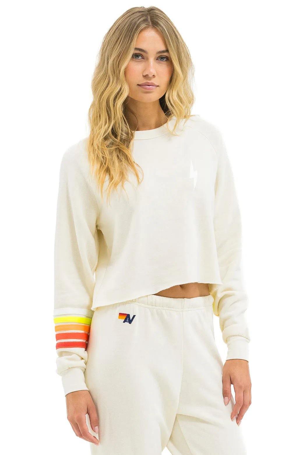 BOLT RUGBY STITCH CROPPED CREW SWEATSHIRT - VINTAGE WHITE // WHITE NEON sold by Aviator Nation product image thumbnail 2