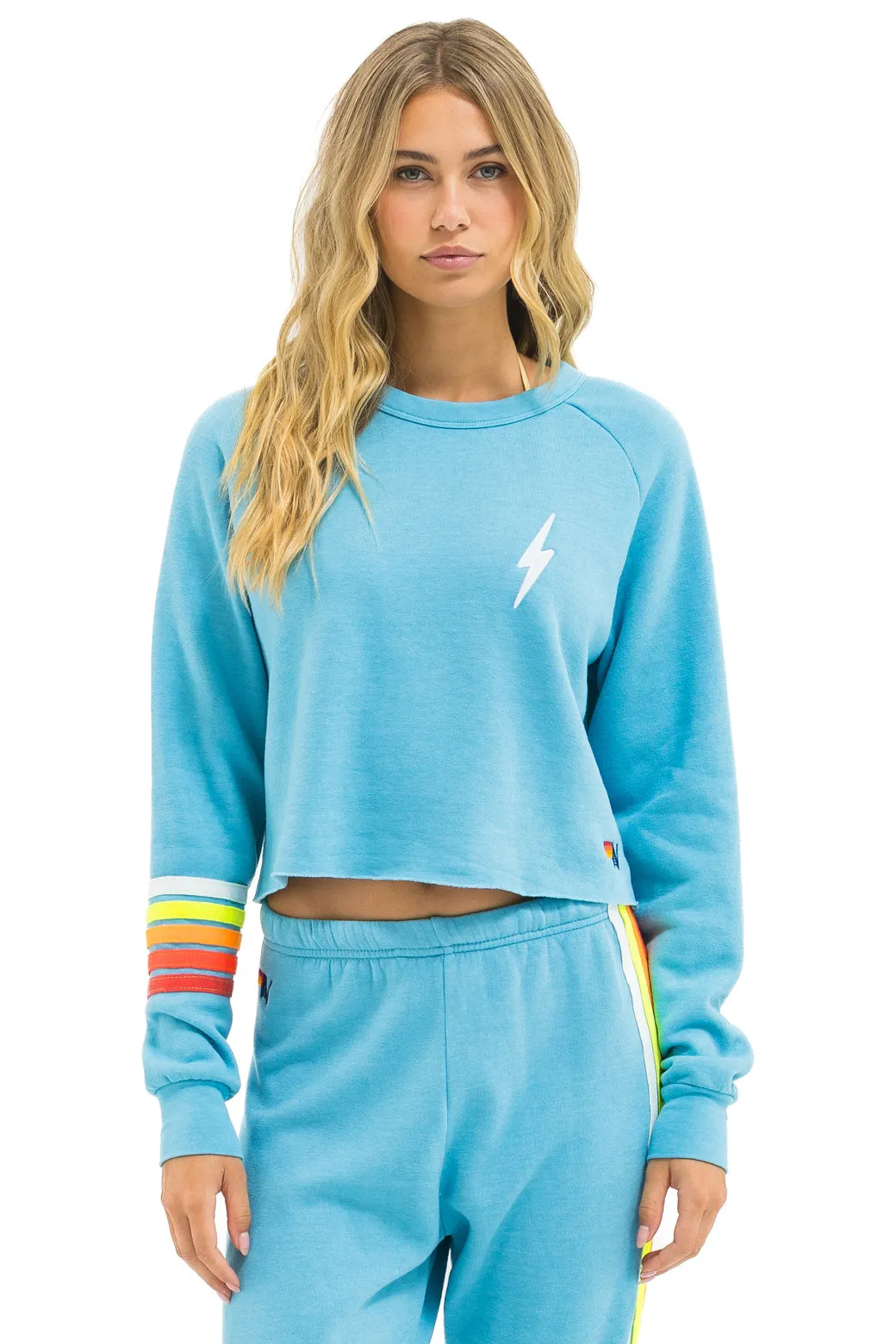 BOLT RUGBY STITCH CROPPED CREW SWEATSHIRT - AQUA // WHITE NEON sold by Aviator Nation