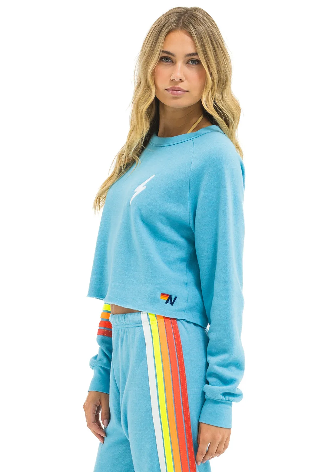 BOLT RUGBY STITCH CROPPED CREW SWEATSHIRT - AQUA // WHITE NEON sold by Aviator Nation product image thumbnail 4