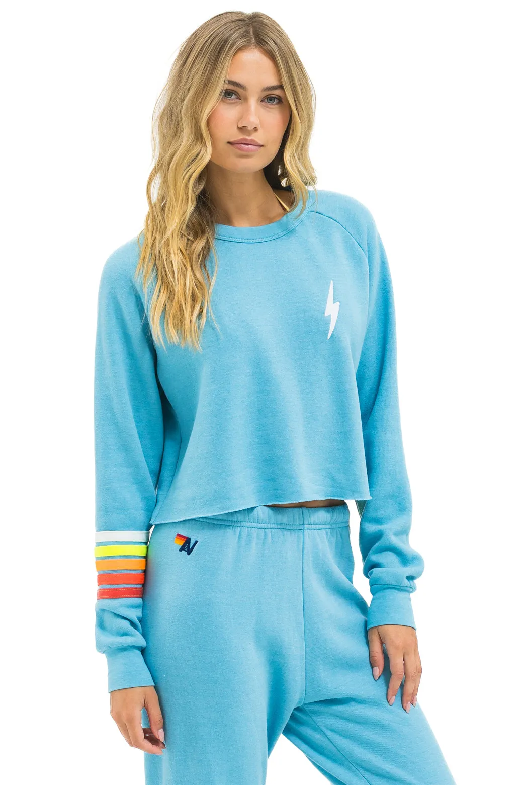 BOLT RUGBY STITCH CROPPED CREW SWEATSHIRT - AQUA // WHITE NEON sold by Aviator Nation product image thumbnail 2