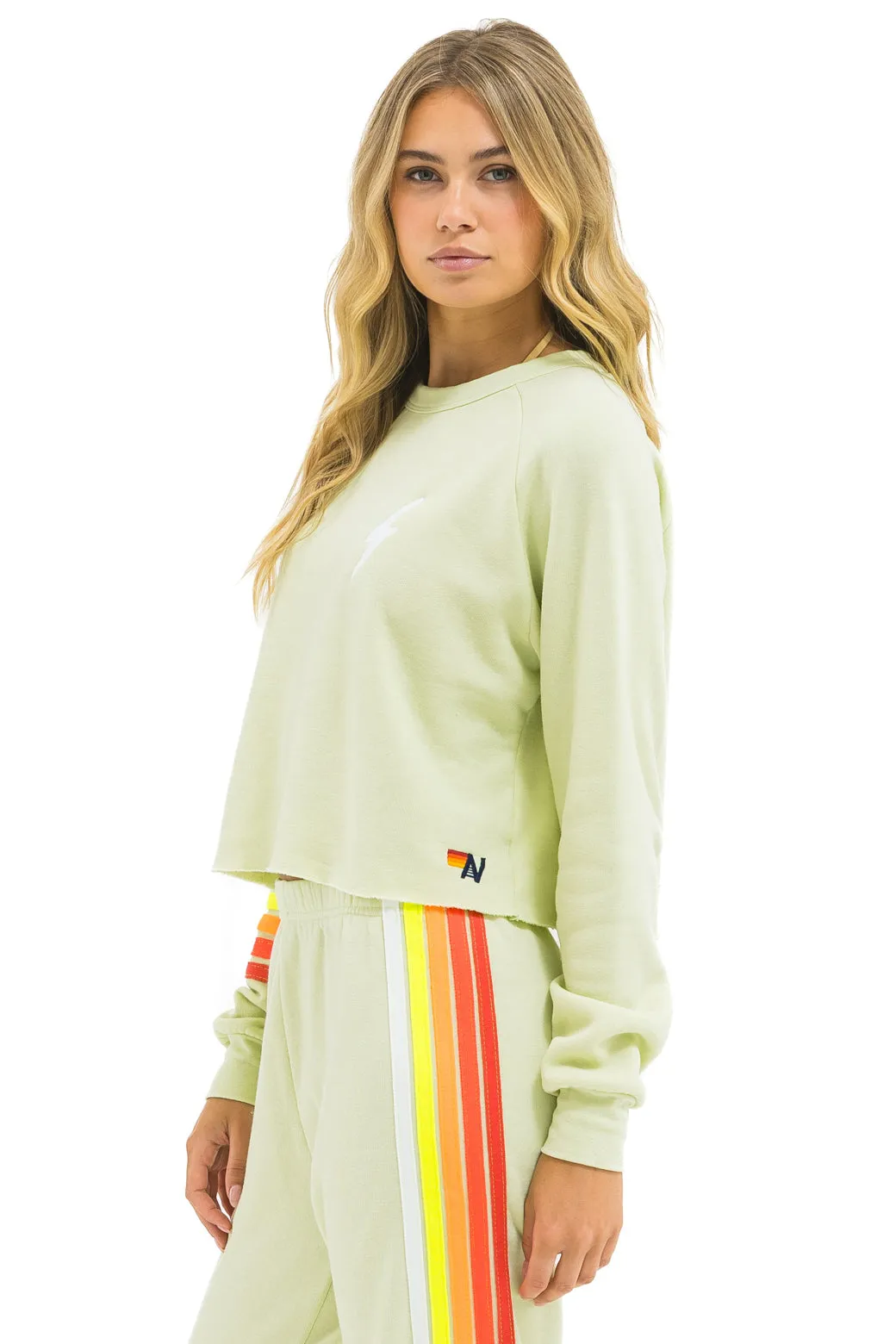 BOLT RUGBY STITCH CROPPED CREW SWEATSHIRT - LIME CREAM // WHITE NEON sold by Aviator Nation product image thumbnail 4
