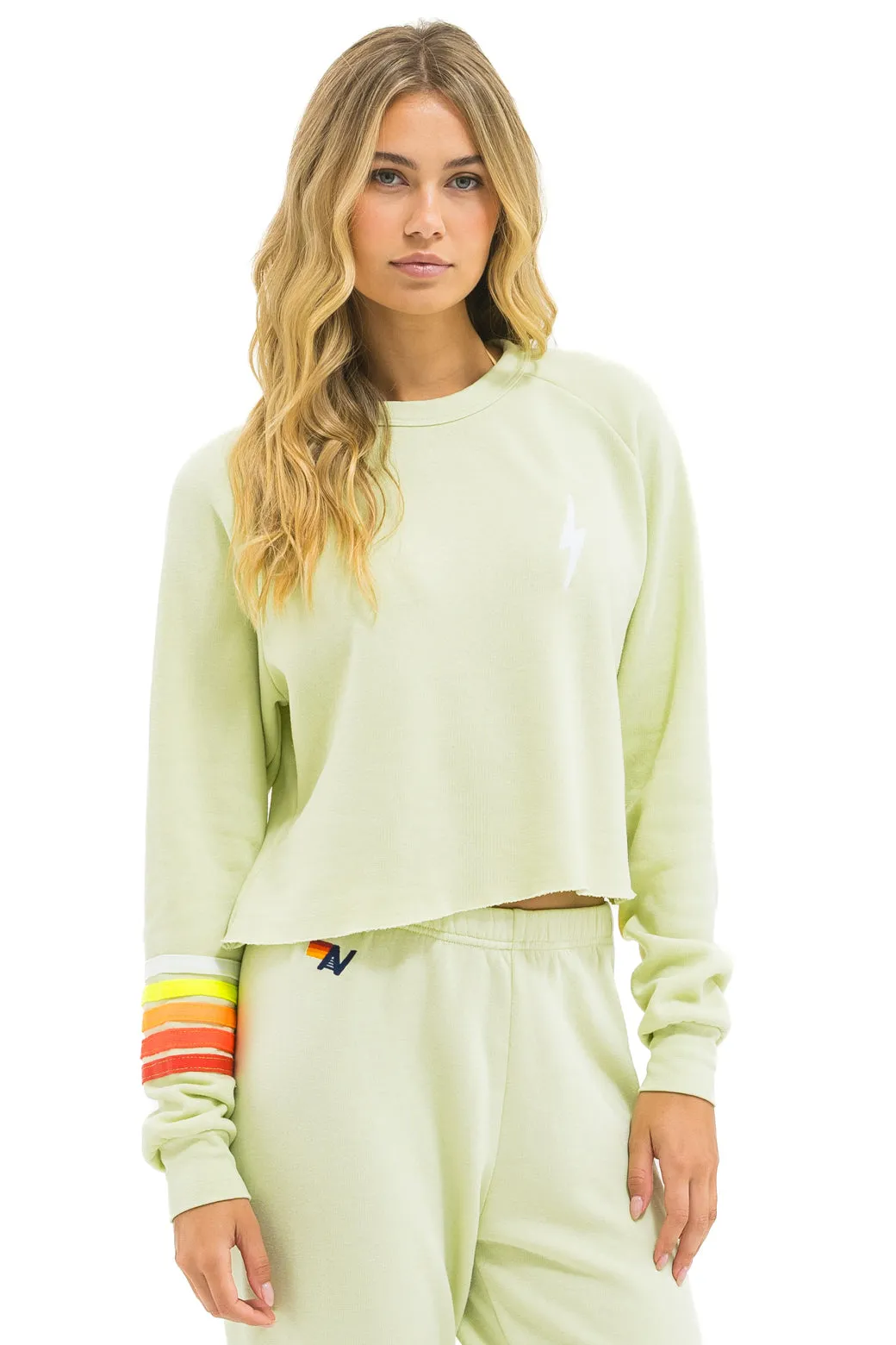 BOLT RUGBY STITCH CROPPED CREW SWEATSHIRT - LIME CREAM // WHITE NEON sold by Aviator Nation product image thumbnail 2