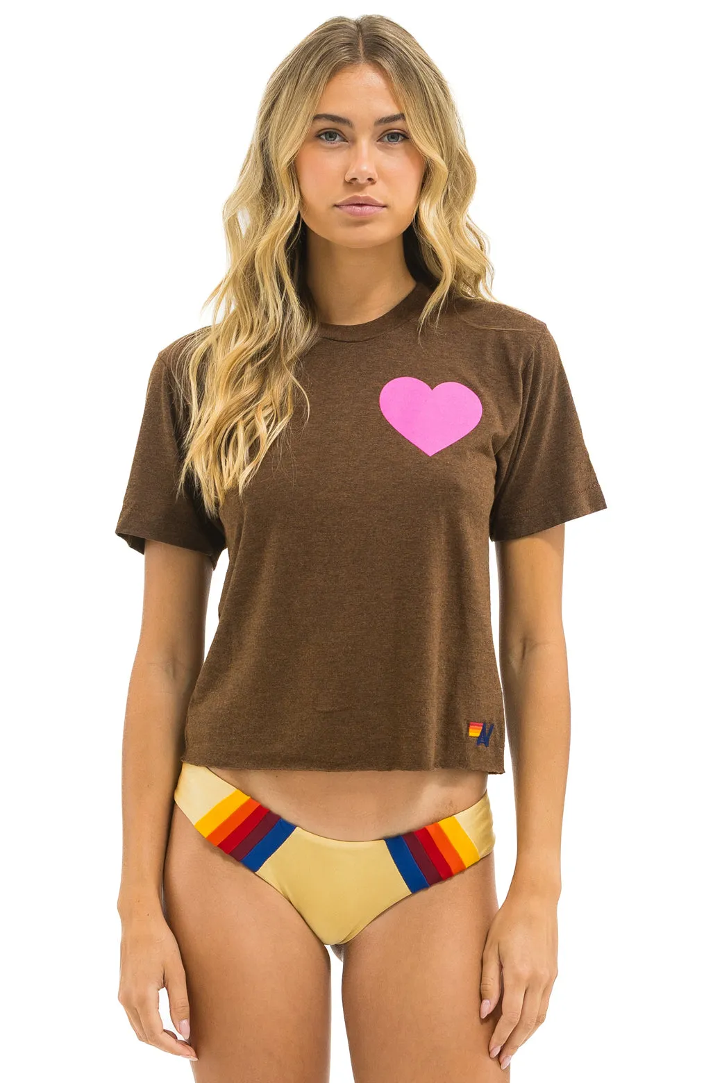 HEART PRINT BOYFRIEND TEE - CHOCOLATE // NEON PINK sold by Aviator Nation