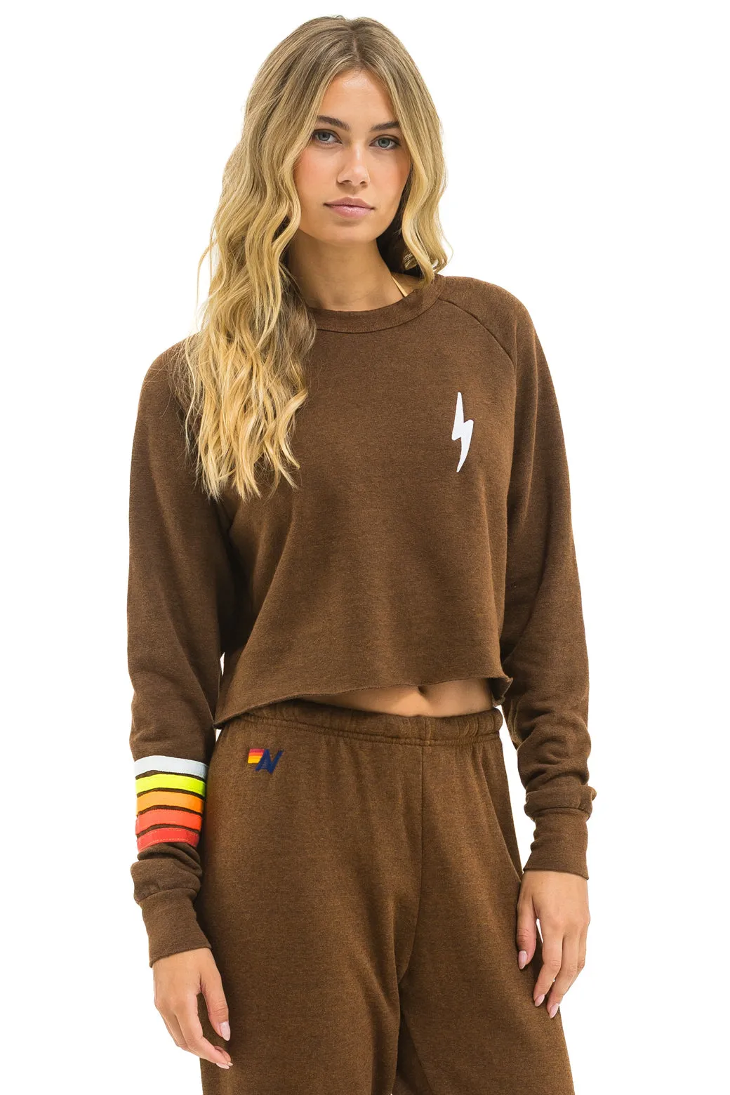 BOLT RUGBY STITCH CROPPED CREW SWEATSHIRT - CHOCOLATE // WHITE NEON sold by Aviator Nation product image thumbnail 4