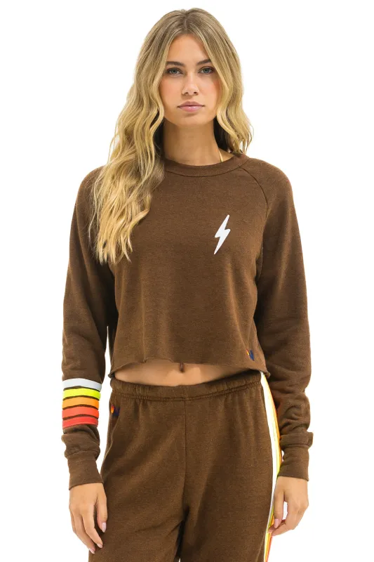 BOLT RUGBY STITCH CROPPED CREW SWEATSHIRT - CHOCOLATE // WHITE NEON sold by Aviator Nation