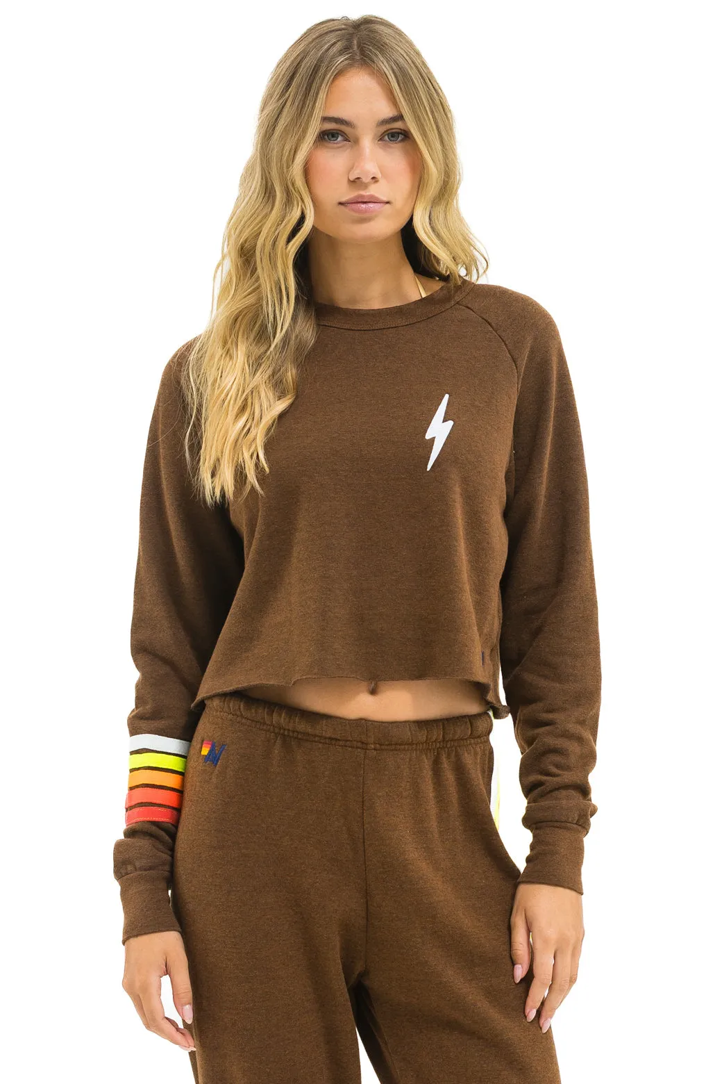 BOLT RUGBY STITCH CROPPED CREW SWEATSHIRT - CHOCOLATE // WHITE NEON sold by Aviator Nation product image thumbnail 2
