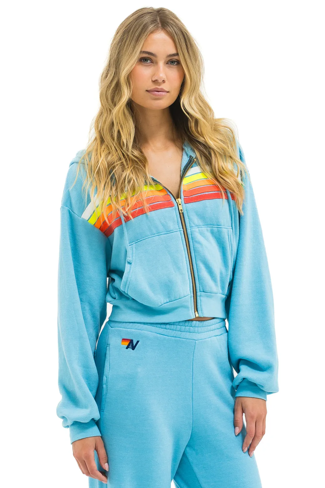 5 STRIPE CROPPED ZIP HOODIE RELAXED - AQUA // WHITE NEON sold by Aviator Nation product image thumbnail 5