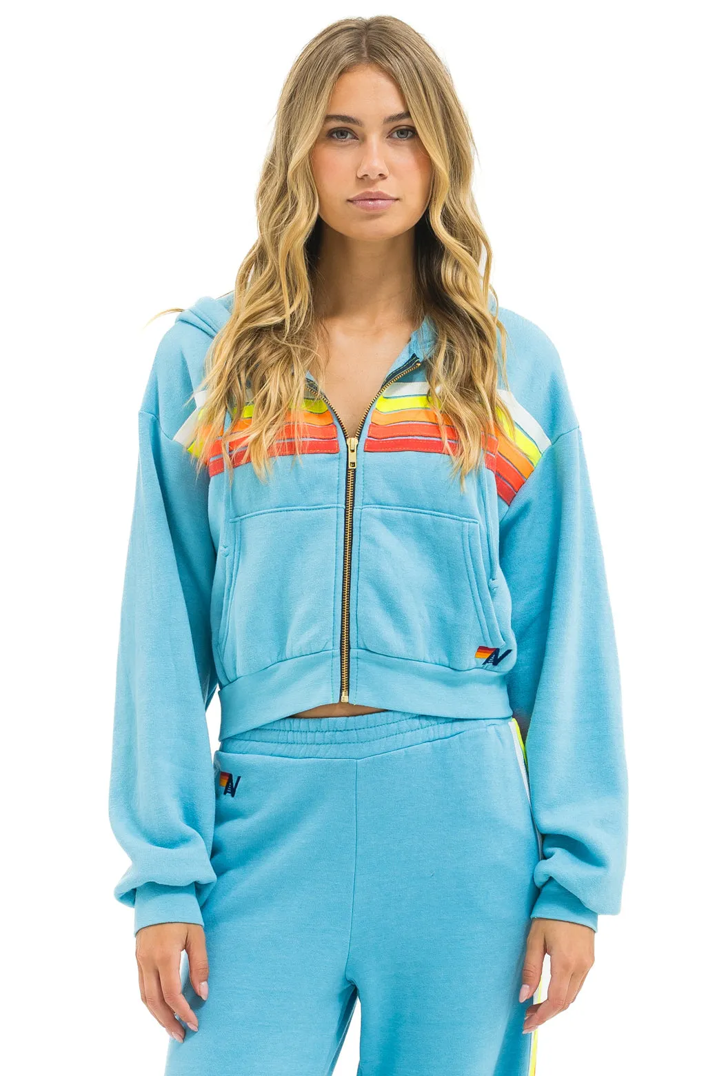 5 STRIPE CROPPED ZIP HOODIE RELAXED - AQUA // WHITE NEON sold by Aviator Nation product image thumbnail 4