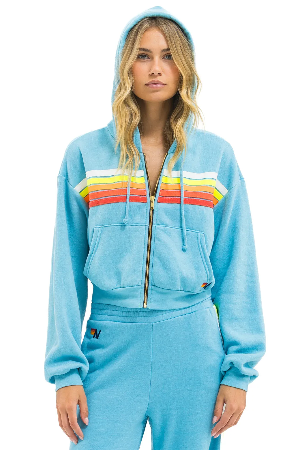 5 STRIPE CROPPED ZIP HOODIE RELAXED - AQUA // WHITE NEON sold by Aviator Nation