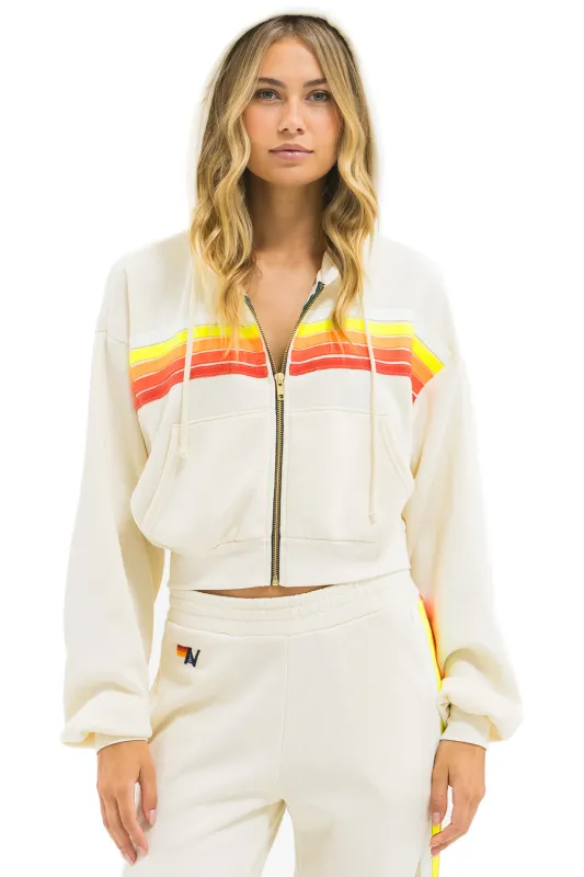 5 STRIPE CROPPED ZIP HOODIE RELAXED - VINTAGE WHITE // WHITE NEON sold by Aviator Nation