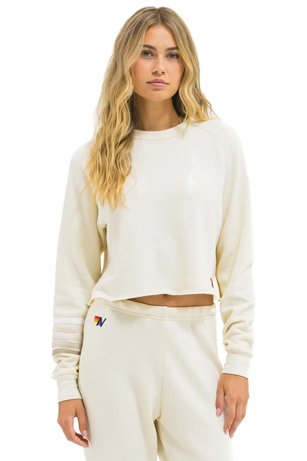 BOLT RUGBY STITCH CROPPED CREW SWEATSHIRT - VINTAGE WHITE // WHITE GREY sold by Aviator Nation