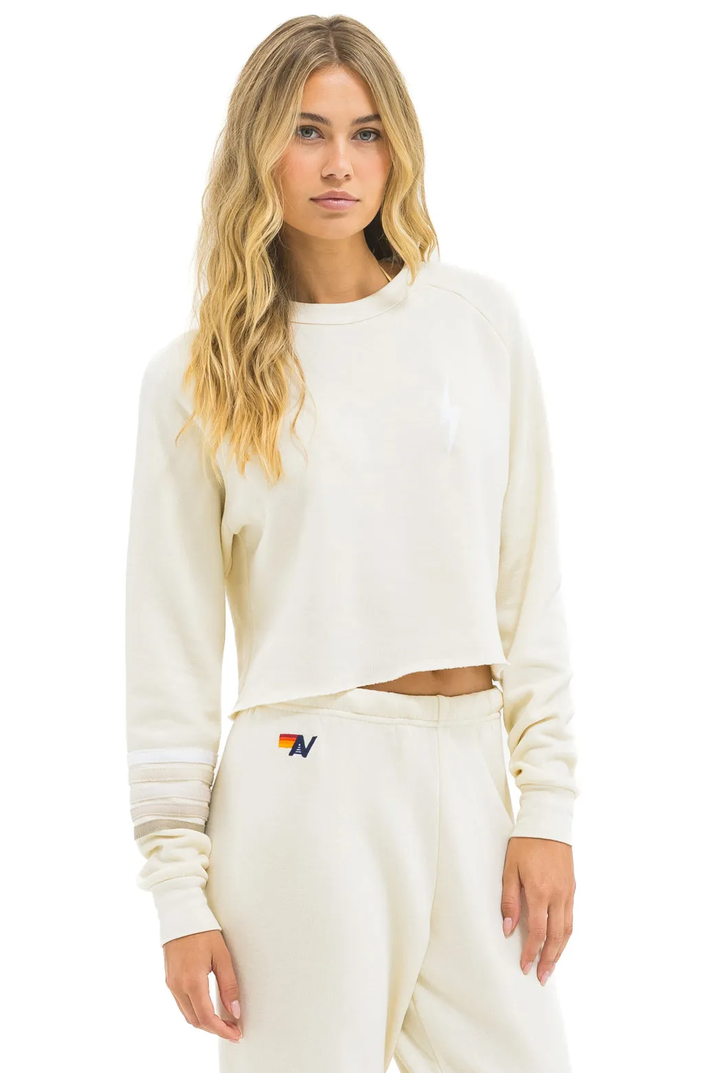 BOLT RUGBY STITCH CROPPED CREW SWEATSHIRT - VINTAGE WHITE // WHITE GREY sold by Aviator Nation product image thumbnail 2