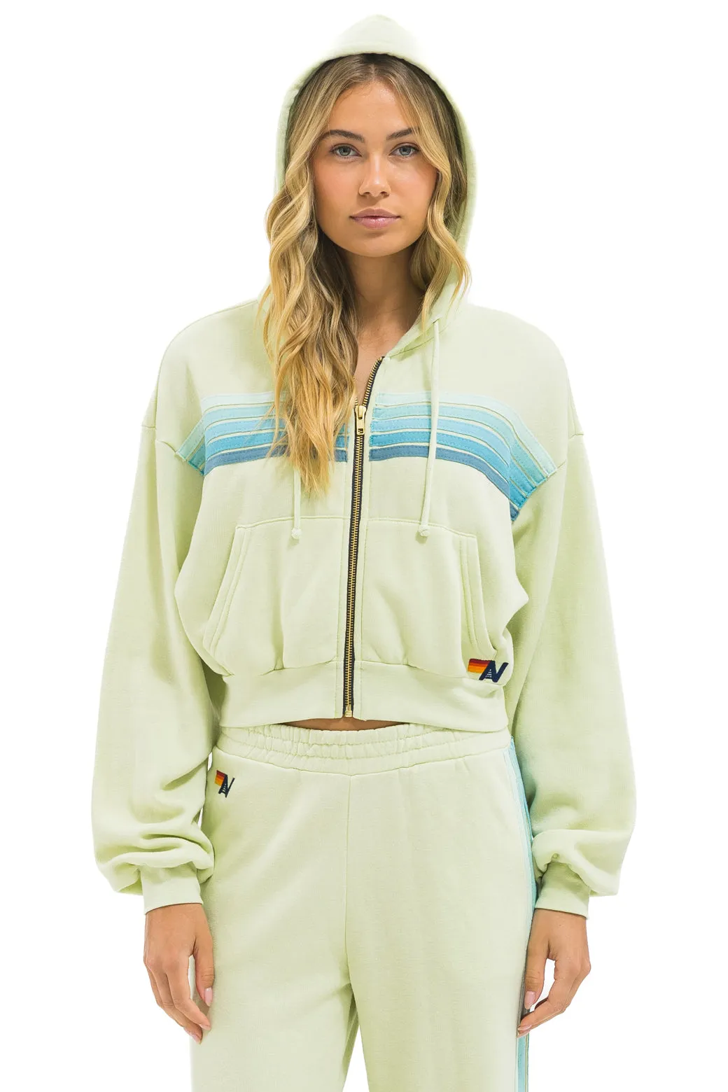 5 STRIPE CROPPED ZIP HOODIE RELAXED - LIME CREAM // SEAFOAM sold by Aviator Nation