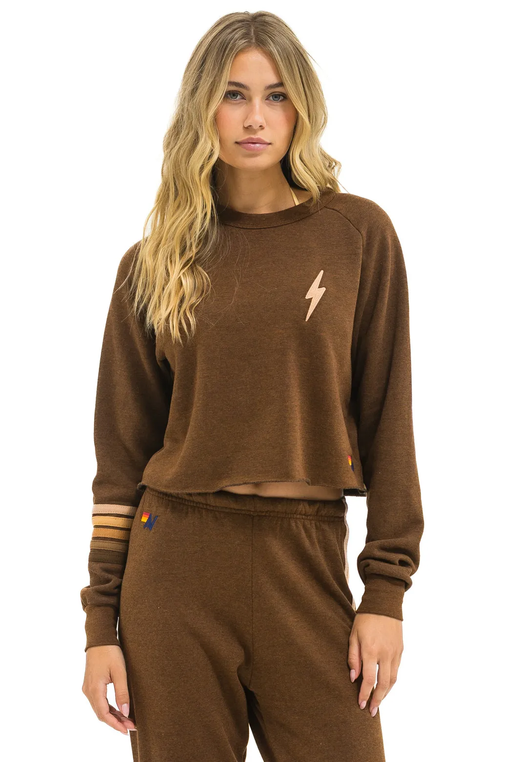 BOLT RUGBY STITCH CROPPED CREW SWEATSHIRT - CHOCOLATE // ESPRESSO sold by Aviator Nation