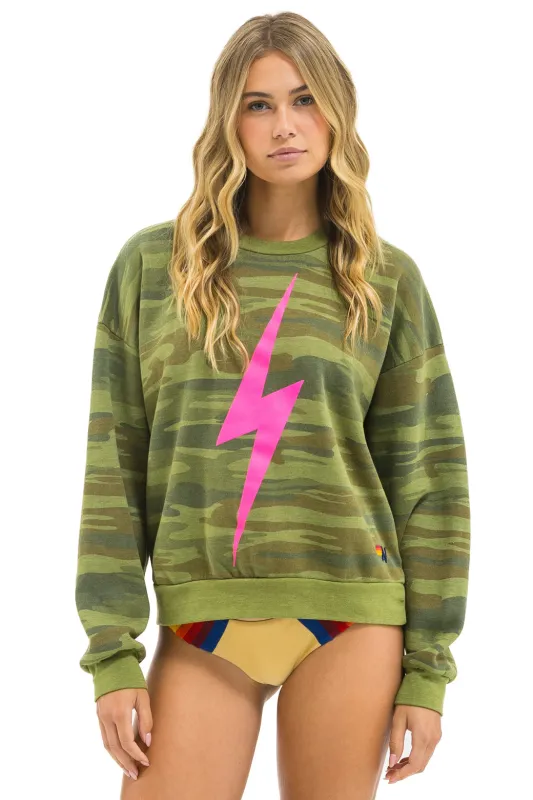 BOLT RELAXED CREW SWEATSHIRT - CAMO // NEON PINK sold by Aviator Nation