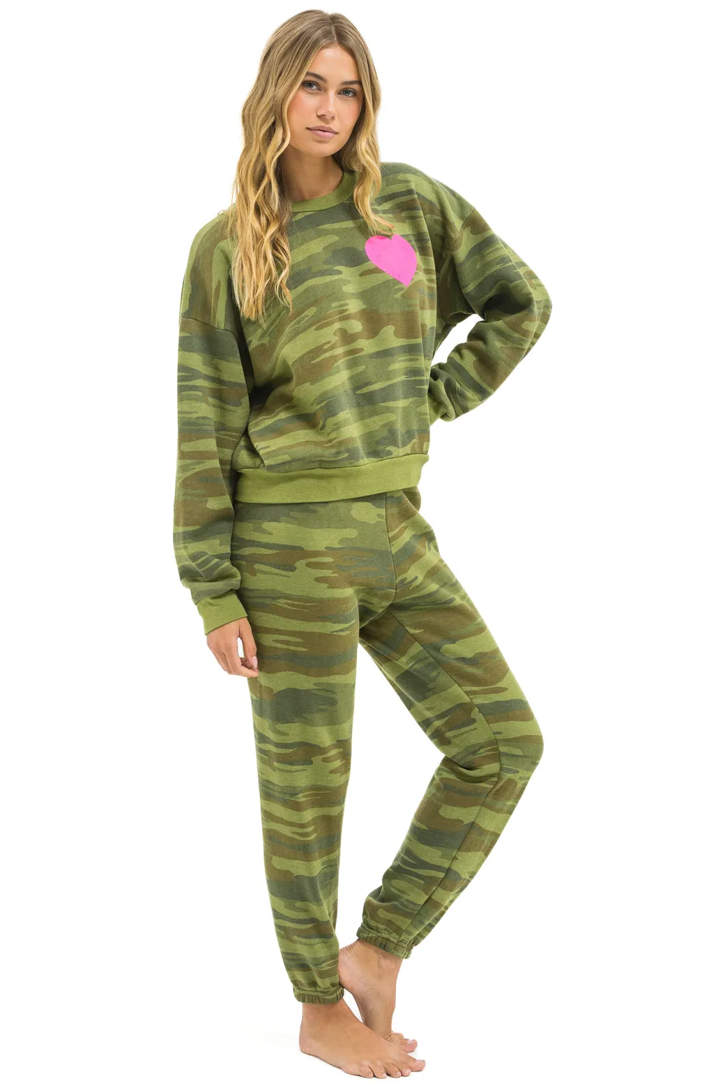 HEART PRINT RELAXED CREW SWEATSHIRT - CAMO // NEON PINK sold by Aviator Nation product image thumbnail 5