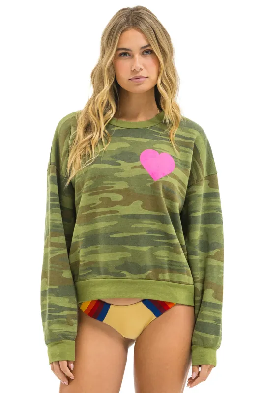 HEART PRINT RELAXED CREW SWEATSHIRT - CAMO // NEON PINK sold by Aviator Nation