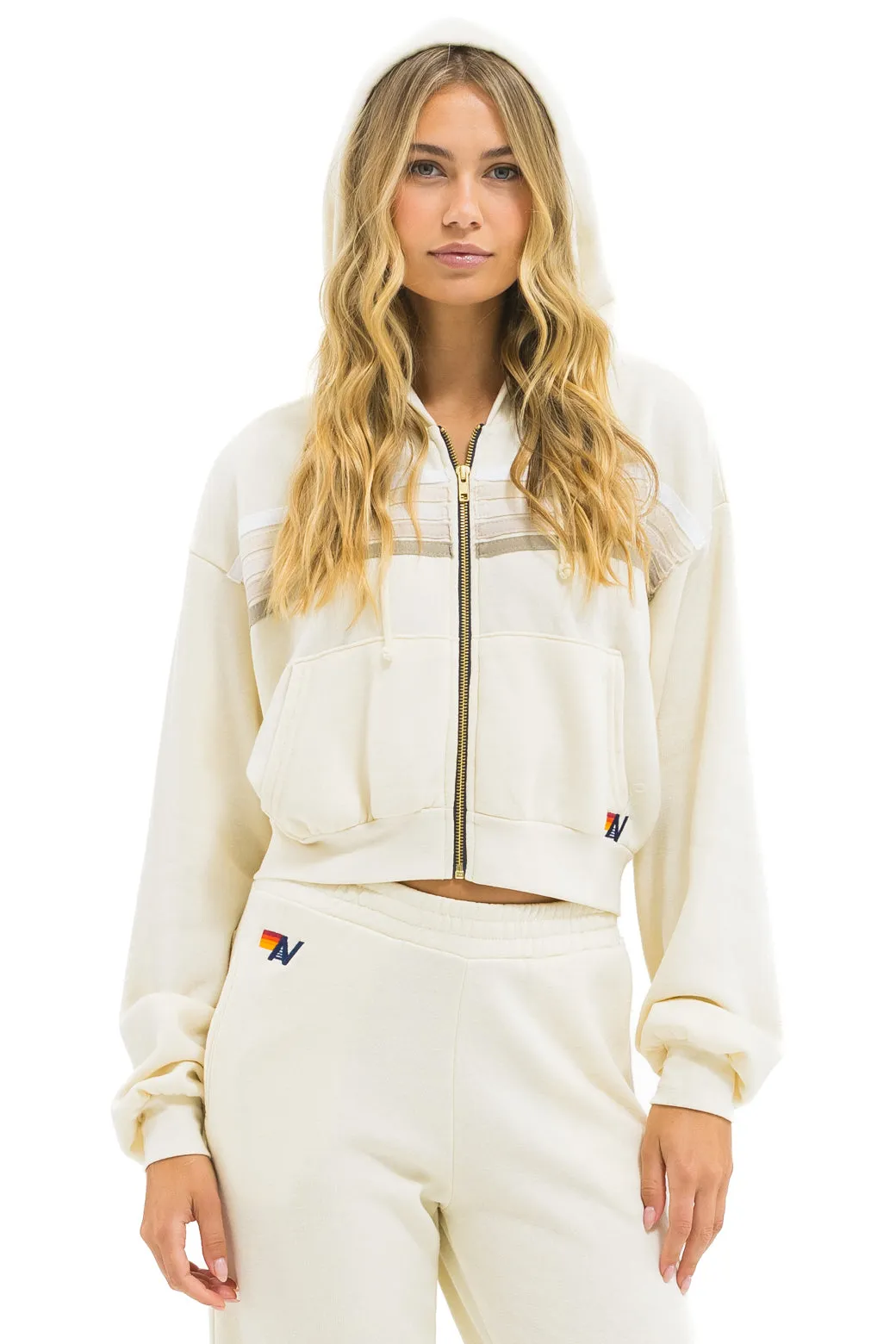 5 STRIPE CROPPED ZIP HOODIE RELAXED - VINTAGE WHITE // WHITE GREY sold by Aviator Nation product image thumbnail 4