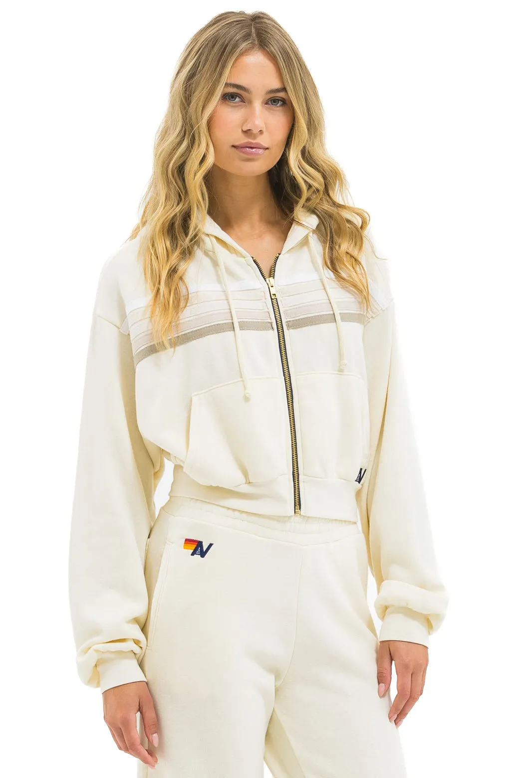 5 STRIPE CROPPED ZIP HOODIE RELAXED - VINTAGE WHITE // WHITE GREY sold by Aviator Nation product image thumbnail 3