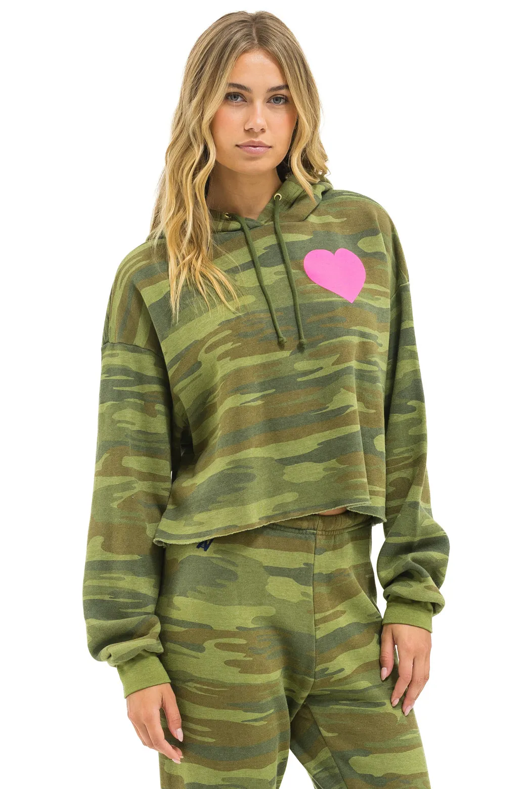 HEART RELAXED CROPPED PULLOVER HOODIE - CAMO // NEON PINK sold by Aviator Nation product image thumbnail 4