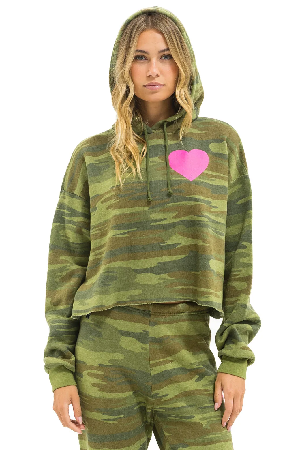 HEART RELAXED CROPPED PULLOVER HOODIE - CAMO // NEON PINK sold by Aviator Nation