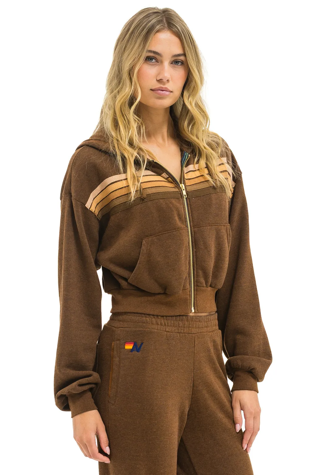 5 STRIPE CROPPED ZIP HOODIE RELAXED - CHOCOLATE // ESPRESSO sold by Aviator Nation product image thumbnail 4