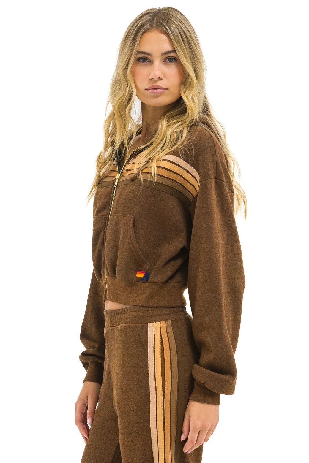 5 STRIPE CROPPED ZIP HOODIE RELAXED - CHOCOLATE // ESPRESSO sold by Aviator Nation product image thumbnail 3