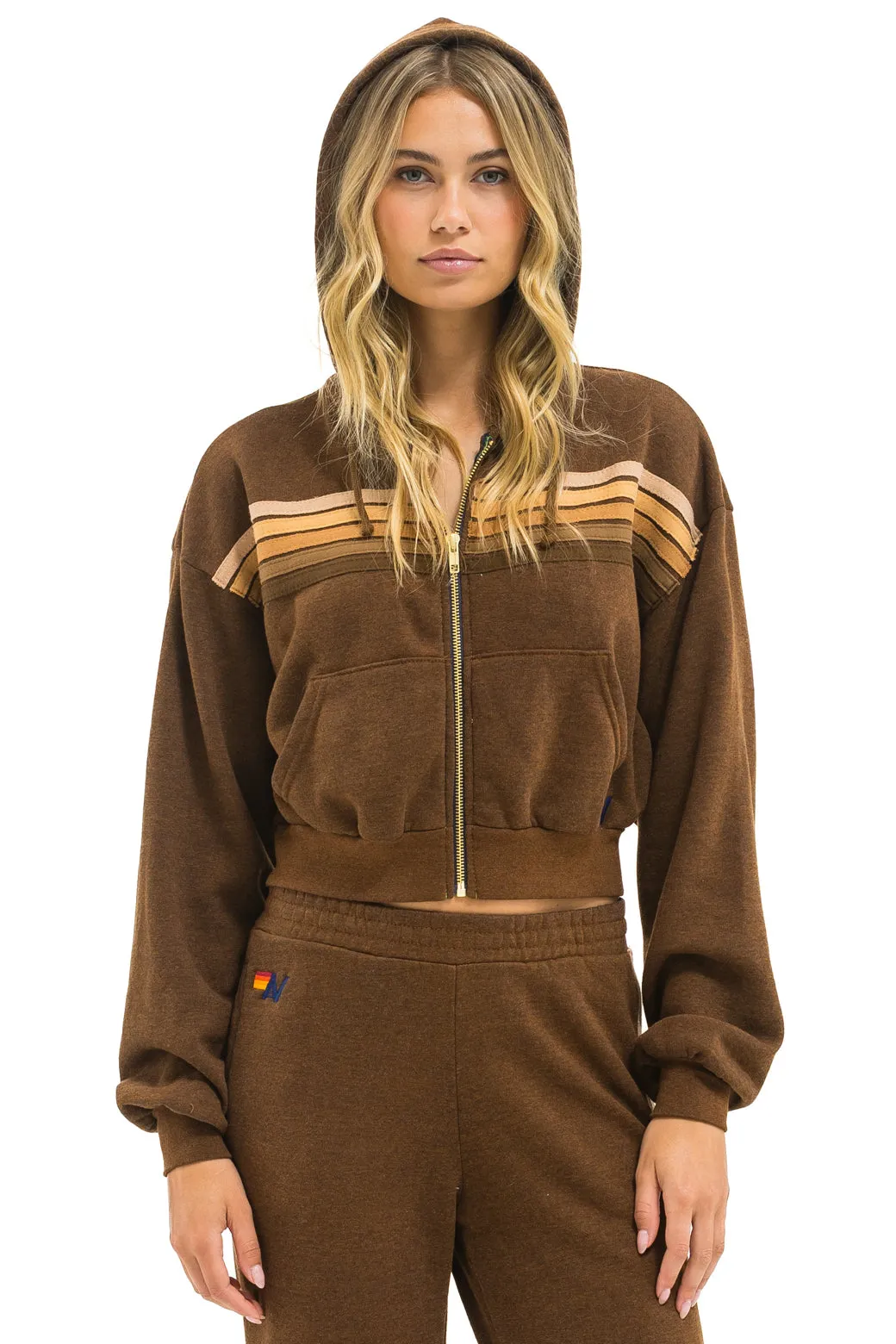 5 STRIPE CROPPED ZIP HOODIE RELAXED - CHOCOLATE // ESPRESSO sold by Aviator Nation