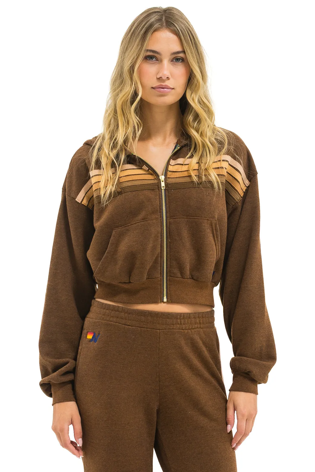 5 STRIPE CROPPED ZIP HOODIE RELAXED - CHOCOLATE // ESPRESSO sold by Aviator Nation product image thumbnail 2