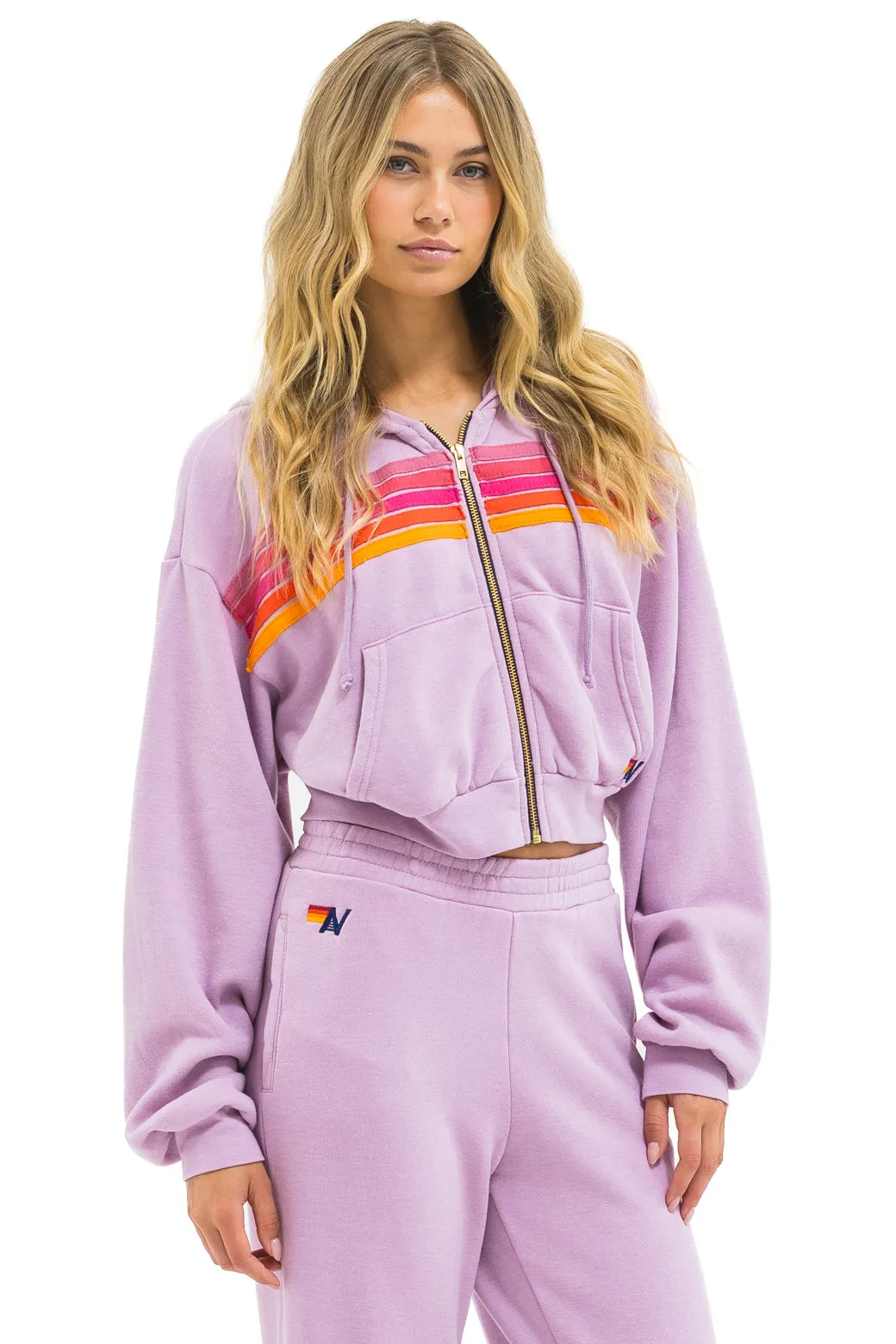 5 STRIPE CROPPED ZIP HOODIE RELAXED - MAUVE // MAGENTA // ORANGE sold by Aviator Nation product image thumbnail 2